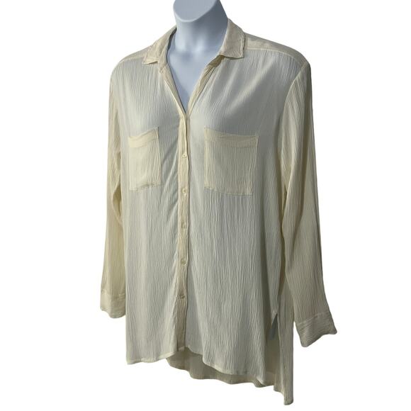 O'NEILL Top Womens Size Medium Woven Crinkle Sheer Button Tunic Blouse Off-White - Picture 9 of 11